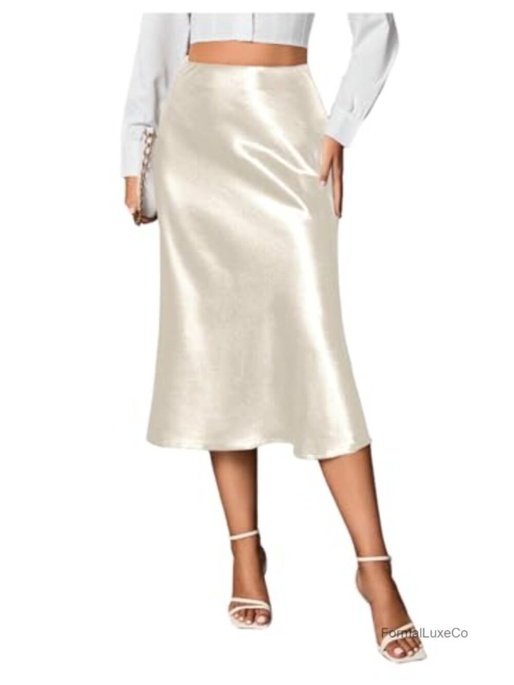 High Waist Satin Midi Skirt Fishtail Hem Business Casual